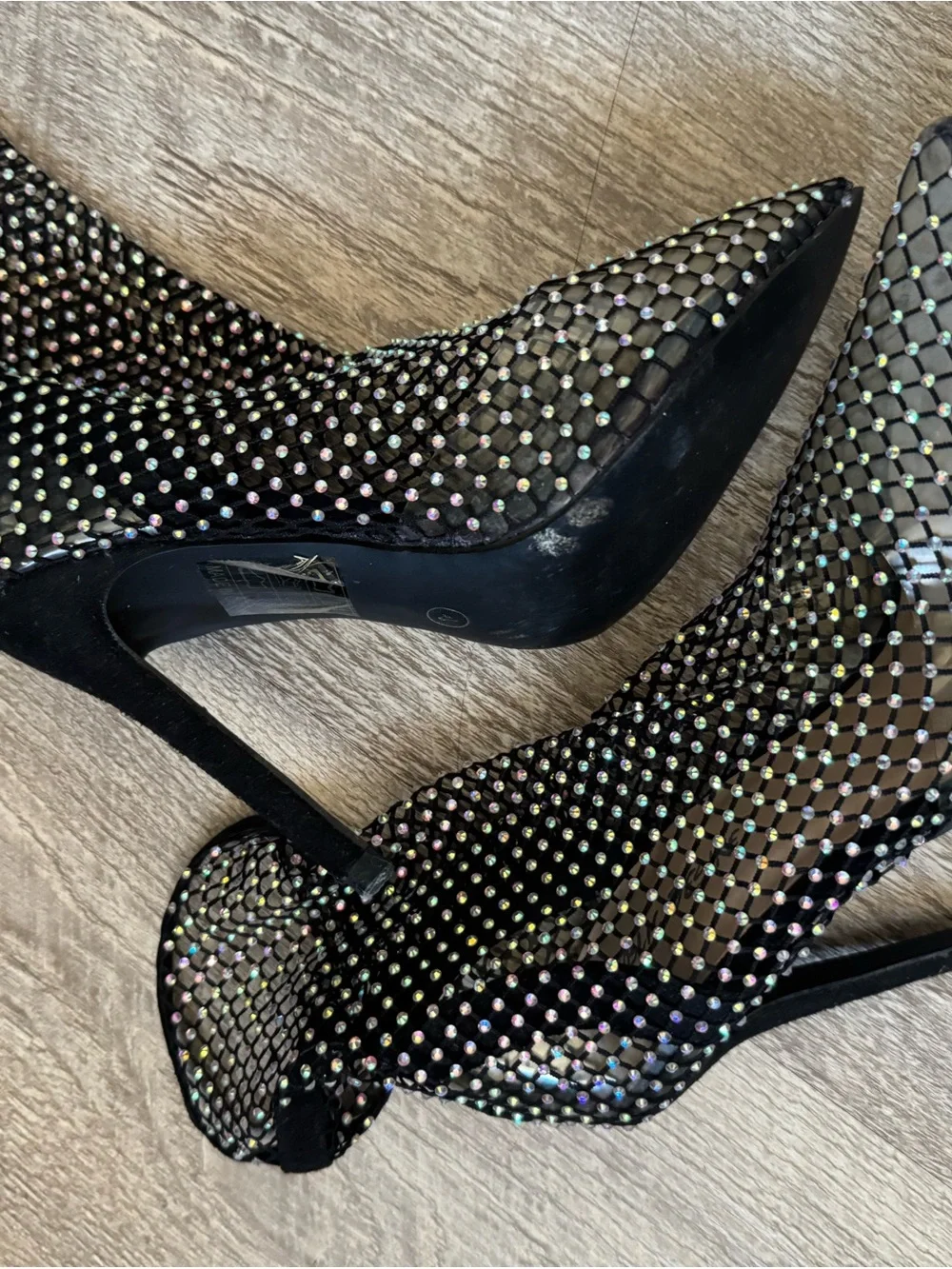 Public Desire Black Crystal Fishnet Mesh Pointed Toe Sock Booties UK 4 US 6